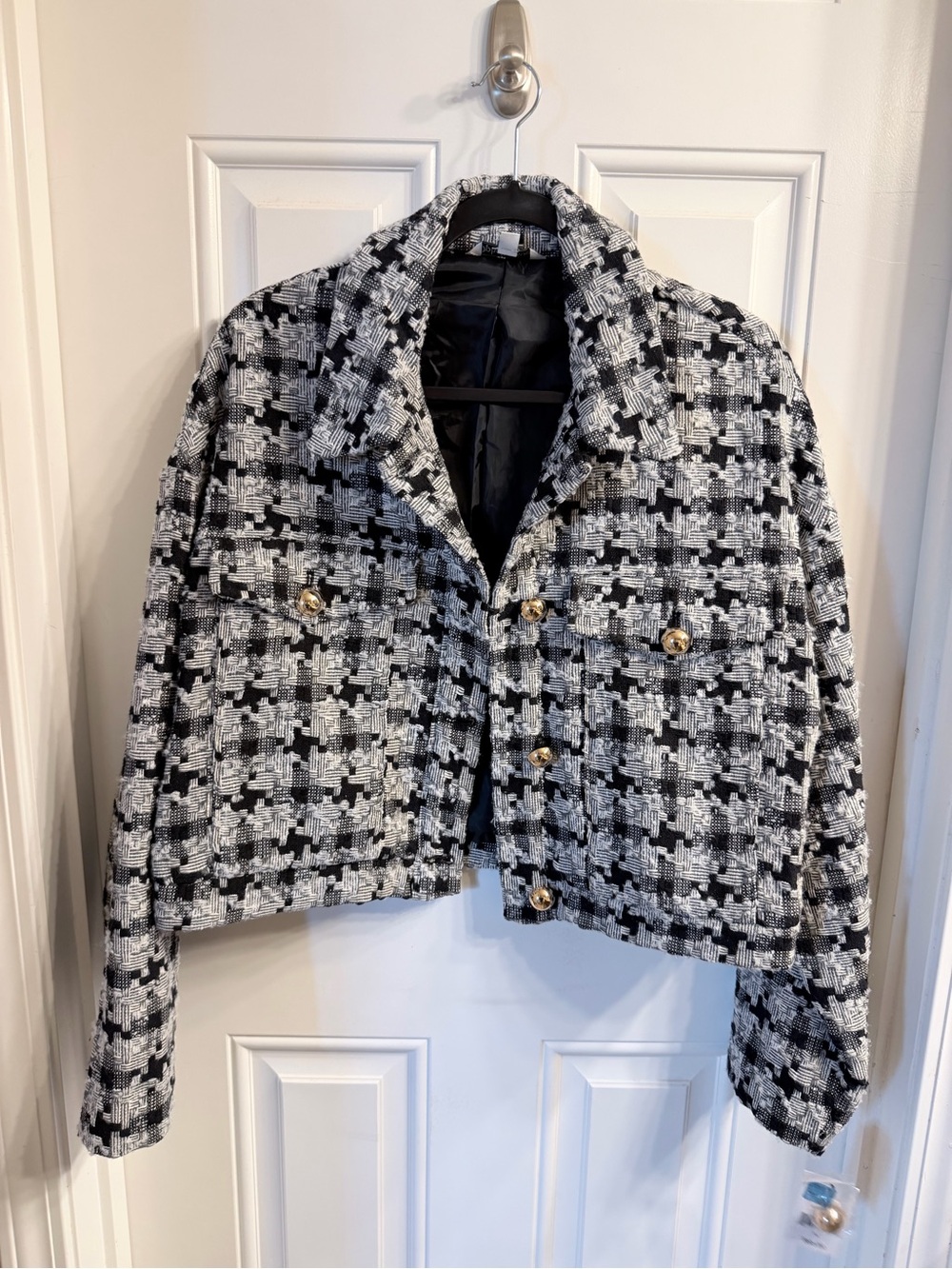 Cropped Black & White Tweed Blazer with Gold Buttons